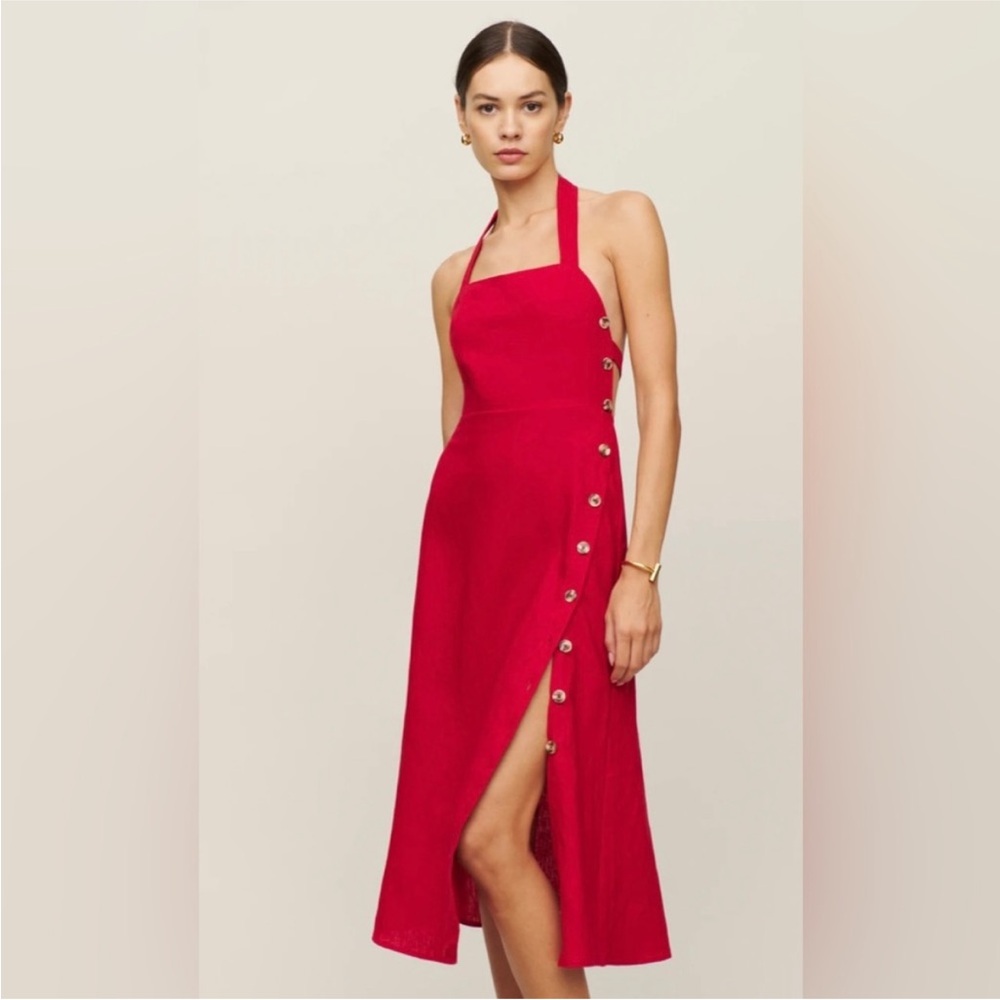 Reformation Vibrant Red Halter Midi Dress with Side Button Placket